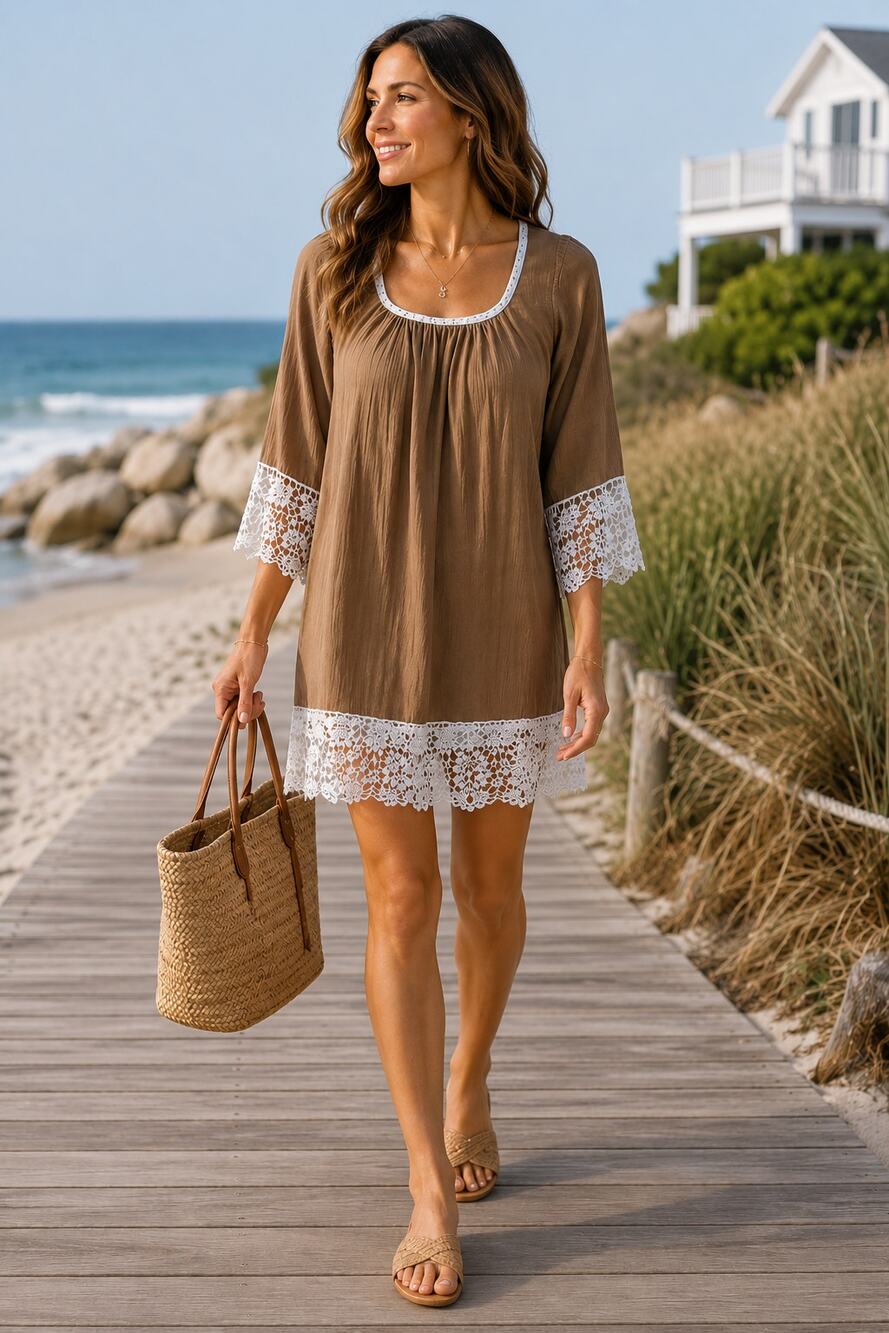 Umgee Brown White Lace Trim Boho Peasant Mini Tunic Dress Womens Large